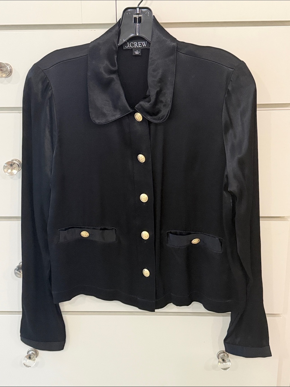J. Crew Black Satin-Trim Button Front Jacket with Gold Buttons